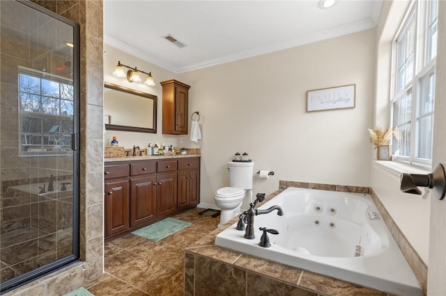 bathroom with crown molding, visible vents, toilet, vanity, and a tub with jets