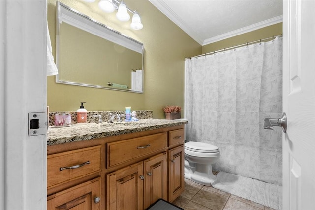 bathroom featuring toilet, tile patterned flooring, ornamental molding, and vanity