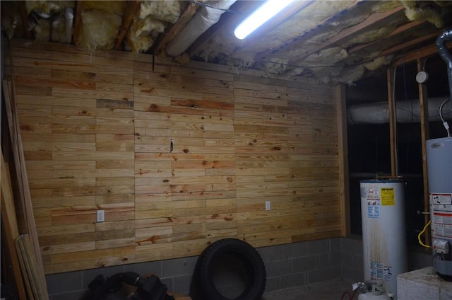 basement featuring wooden walls and gas water heater