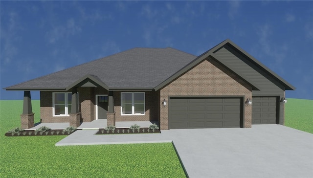 view of front facade with a front lawn, concrete driveway, brick siding, and an attached garage