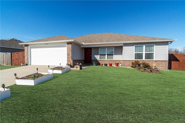 view of front of home with brick siding, a vegetable garden, an attached garage, a front yard, and driveway