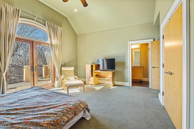 bedroom with baseboards, vaulted ceiling, access to outside, french doors, and carpet