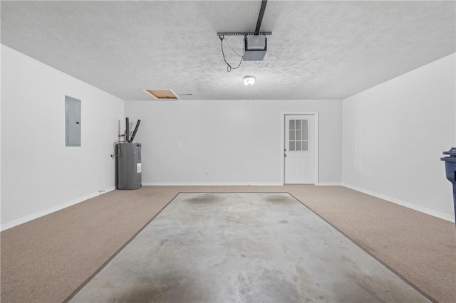 garage with electric panel, water heater, baseboards, and a garage door opener