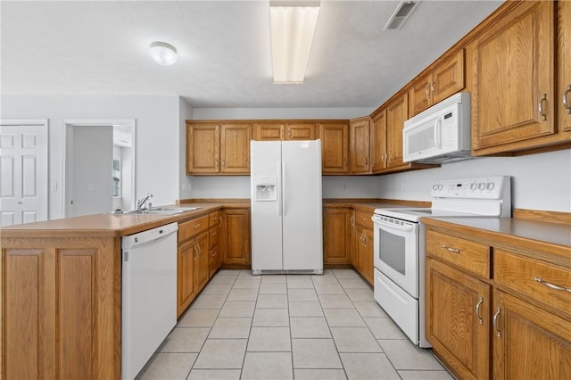 kitchen with light countertops, visible vents, brown cabinetry, a sink, and white appliances