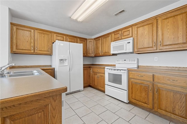 kitchen featuring white appliances, visible vents, brown cabinets, and a sink