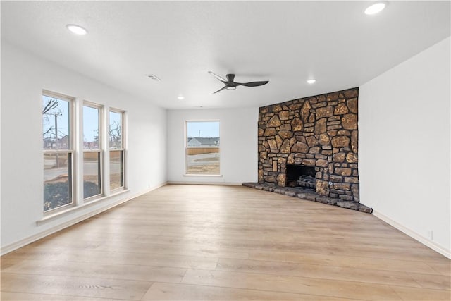 916 S 25th Pl, Rogers, AR 72758 - unfurnished living room with a ceiling fan, light wood-type flooring, recessed lighting, and a fireplace