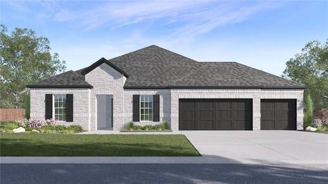 french country style house featuring brick siding, a shingled roof, a front lawn, driveway, and an attached garage