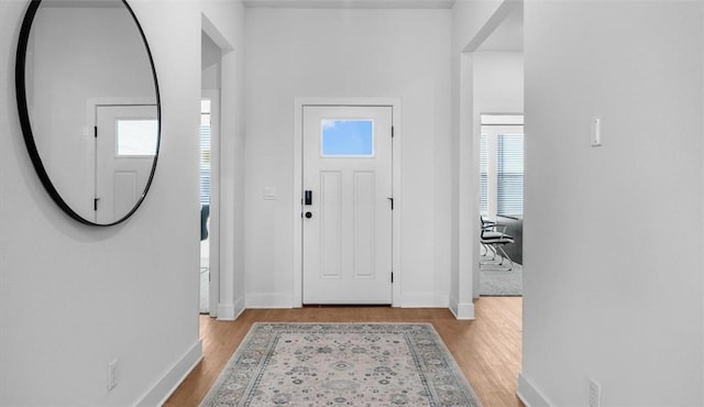 entryway featuring a wealth of natural light, baseboards, and wood finished floors