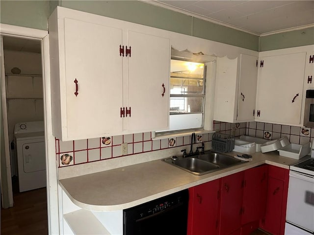 kitchen with black dishwasher, white electric range, light countertops, a sink, and washer / dryer