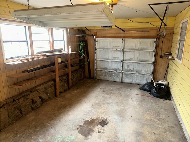 garage featuring wooden walls