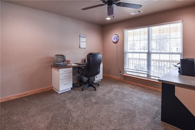 carpeted office with ceiling fan, recessed lighting, visible vents, and baseboards