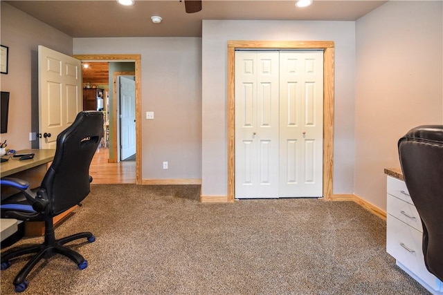 office space featuring baseboards, carpet flooring, and recessed lighting