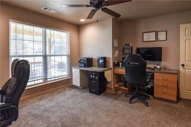 office area with carpet floors, recessed lighting, visible vents, and a ceiling fan