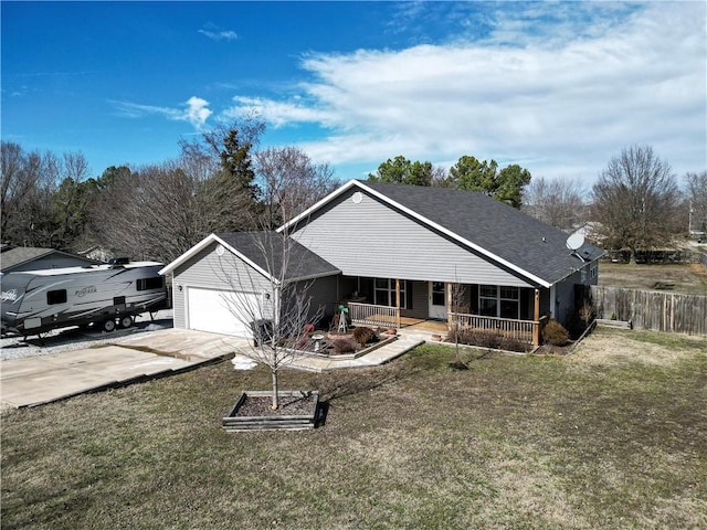 single story home featuring covered porch, a garage, fence, driveway, and a front yard