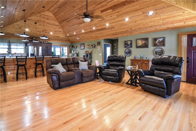 living room featuring high vaulted ceiling, recessed lighting, wooden ceiling, and light wood-style flooring