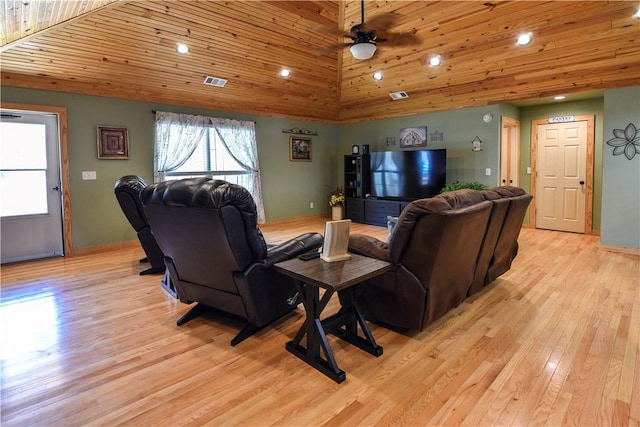 living room with lofted ceiling, recessed lighting, visible vents, wood ceiling, and light wood-type flooring