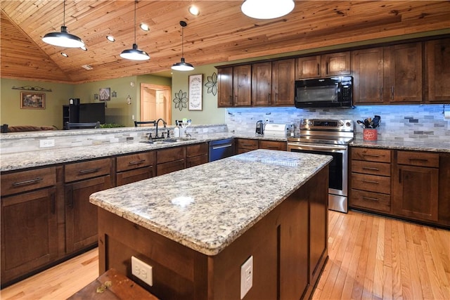 kitchen with stainless steel electric range oven, wooden ceiling, backsplash, a sink, and black microwave