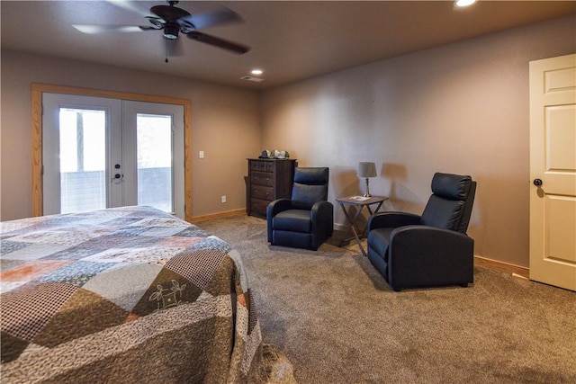 bedroom featuring recessed lighting, carpet flooring, baseboards, access to outside, and french doors