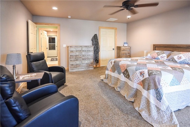 bedroom featuring carpet floors, a ceiling fan, visible vents, and recessed lighting