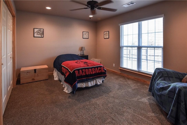 bedroom with ceiling fan, recessed lighting, carpet flooring, visible vents, and baseboards