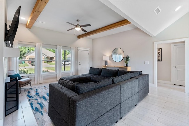 living room with baseboards, visible vents, a ceiling fan, lofted ceiling with beams, and light wood-type flooring