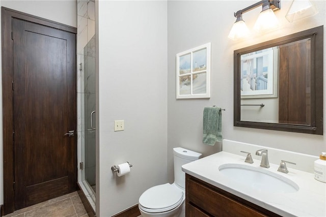 bathroom with a stall shower, vanity, and toilet