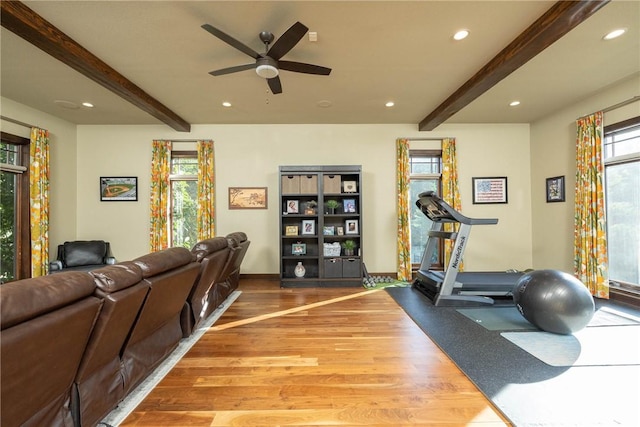 workout area featuring recessed lighting, ceiling fan, baseboards, and wood finished floors