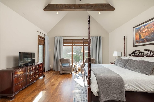 bedroom with high vaulted ceiling, access to exterior, beamed ceiling, and wood finished floors