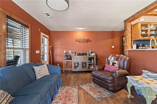 19407/19403 Dawn Hill E Rd, Gentry, AR 72734 - living room with a textured ceiling, visible vents, and wood finished floors