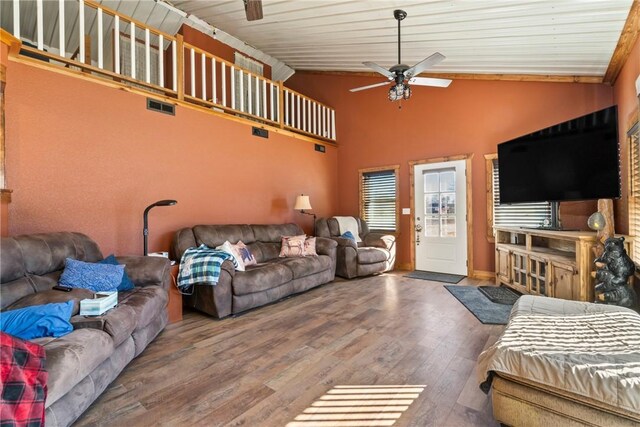 19407/19403 Dawn Hill E Rd, Gentry, AR 72734 - living area with ceiling fan, high vaulted ceiling, wood finished floors, visible vents, and wood ceiling