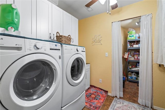 19407/19403 Dawn Hill E Rd, Gentry, AR 72734 - laundry room with baseboards, a ceiling fan, cabinet space, and washing machine and dryer