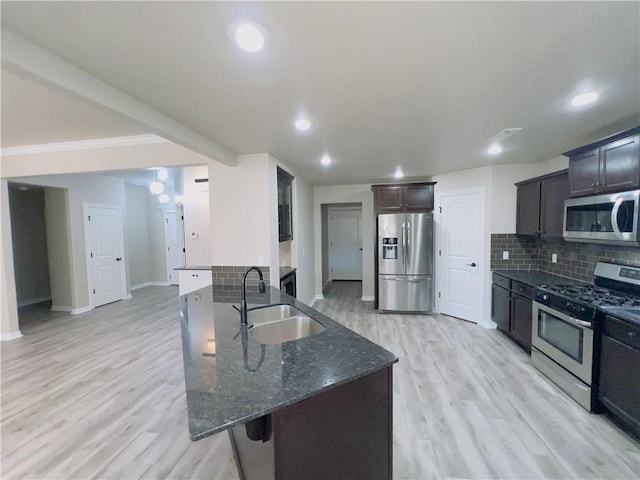 kitchen with backsplash, appliances with stainless steel finishes, light wood-style floors, a sink, and dark stone countertops