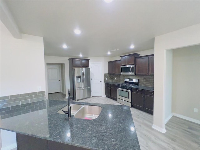 kitchen featuring tasteful backsplash, appliances with stainless steel finishes, a sink, dark brown cabinets, and dark stone counters