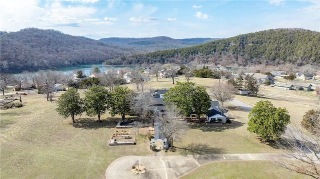 aerial view with a water and mountain view