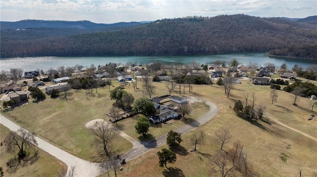 bird's eye view with a water view and a wooded view