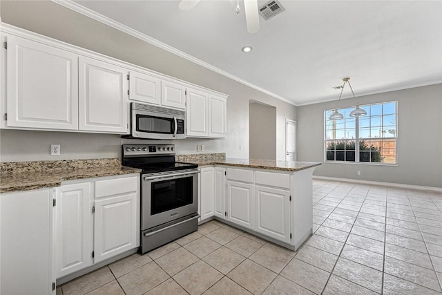 kitchen featuring white cabinetry, visible vents, stainless steel appliances, and ornamental molding