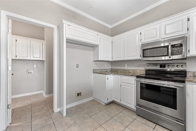 kitchen featuring appliances with stainless steel finishes, white cabinets, and crown molding