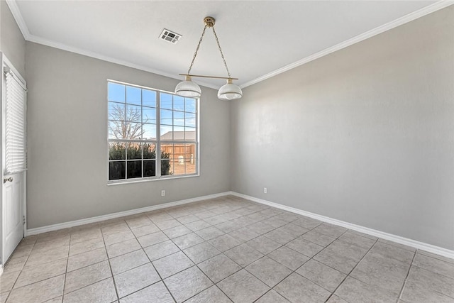 empty room featuring ornamental molding, visible vents, and baseboards