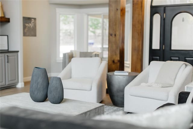 living area featuring baseboards and wood finished floors