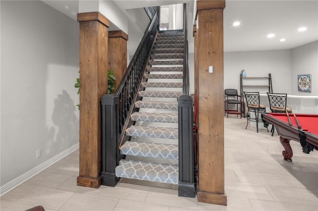 stairway with recessed lighting, pool table, and baseboards