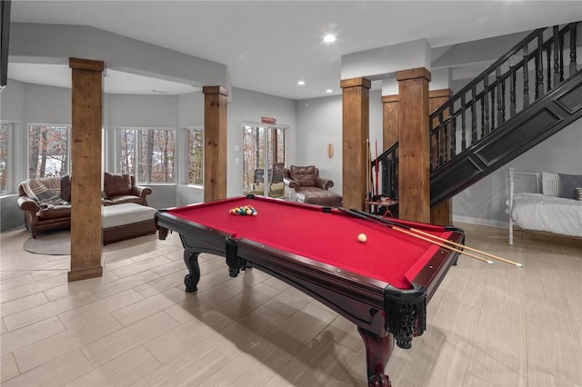 game room with pool table, decorative columns, baseboards, and recessed lighting