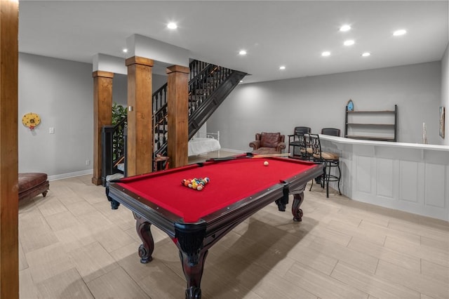 rec room with baseboards, billiards, and recessed lighting