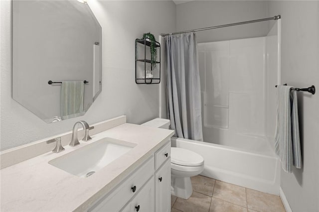 bathroom featuring vanity, shower / bathtub combination with curtain, tile patterned floors, and toilet