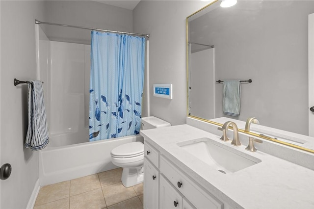 bathroom with tile patterned flooring, shower / bathtub combination with curtain, vanity, and toilet