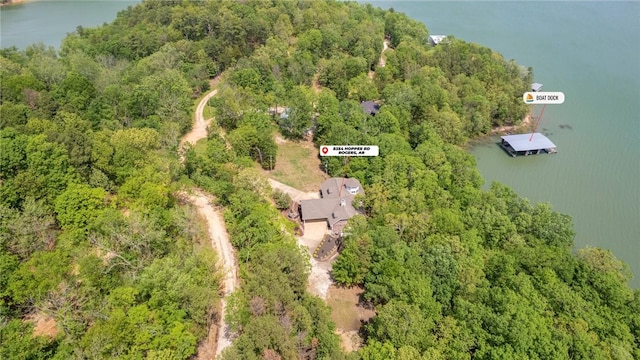 bird's eye view with a water view and a wooded view