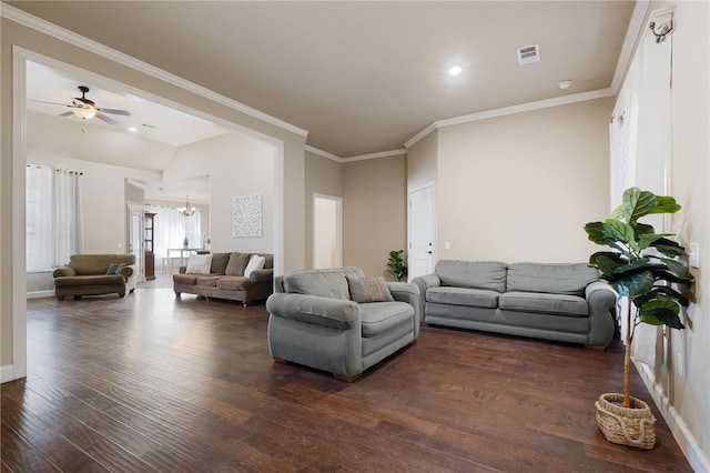 living room featuring crown molding, baseboards, visible vents, and dark wood-style flooring