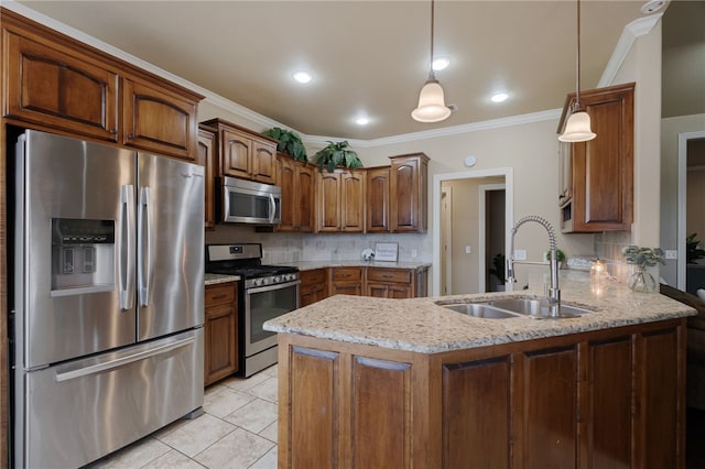 kitchen featuring a peninsula, a sink, decorative backsplash, appliances with stainless steel finishes, and ornamental molding