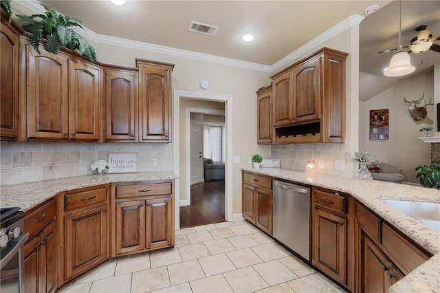 kitchen featuring decorative backsplash, light tile patterned floors, ceiling fan, appliances with stainless steel finishes, and visible vents