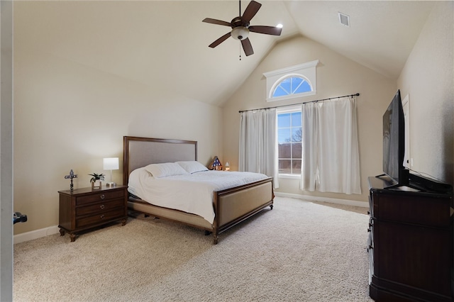 bedroom featuring ceiling fan, visible vents, high vaulted ceiling, and light colored carpet