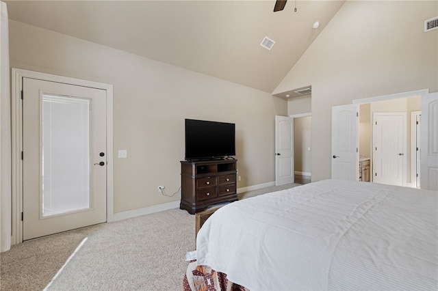 carpeted bedroom featuring high vaulted ceiling, ceiling fan, baseboards, and visible vents